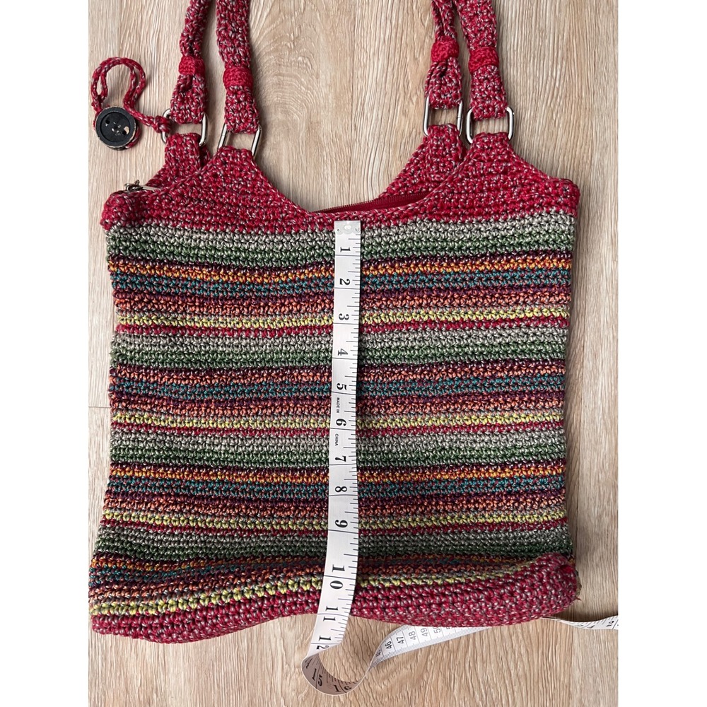 The Sak Crochet Striped Shoulder Bag Red Multi Color Zip Pocket Tote Handbag - Picture 9 of 9
